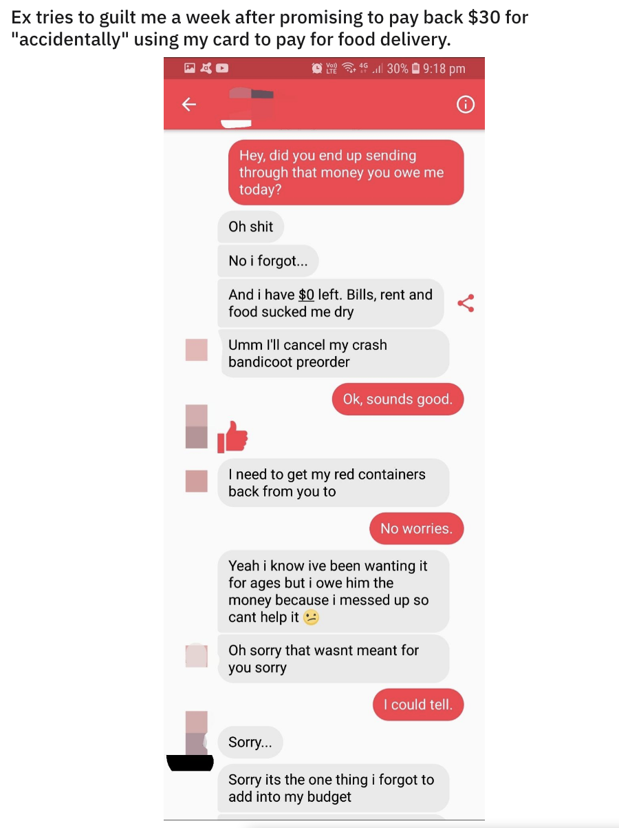 ex sending a message about money to their ex instead of their friend