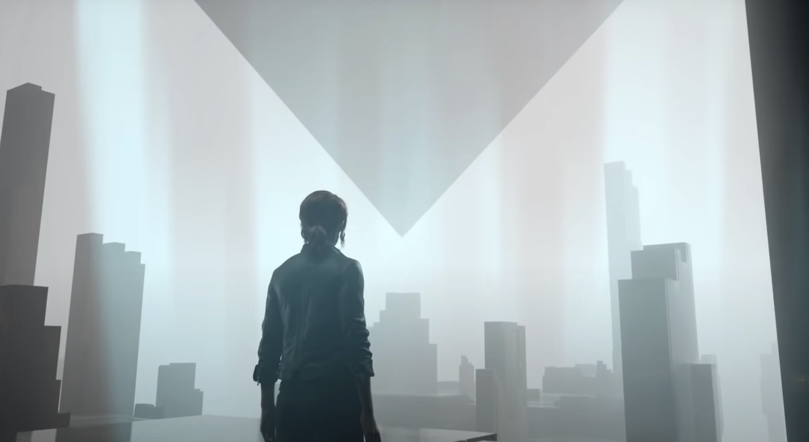 Jesse from Control standing and looking at the Board, which looks like a large inverted pyramid, in the Astral Plane