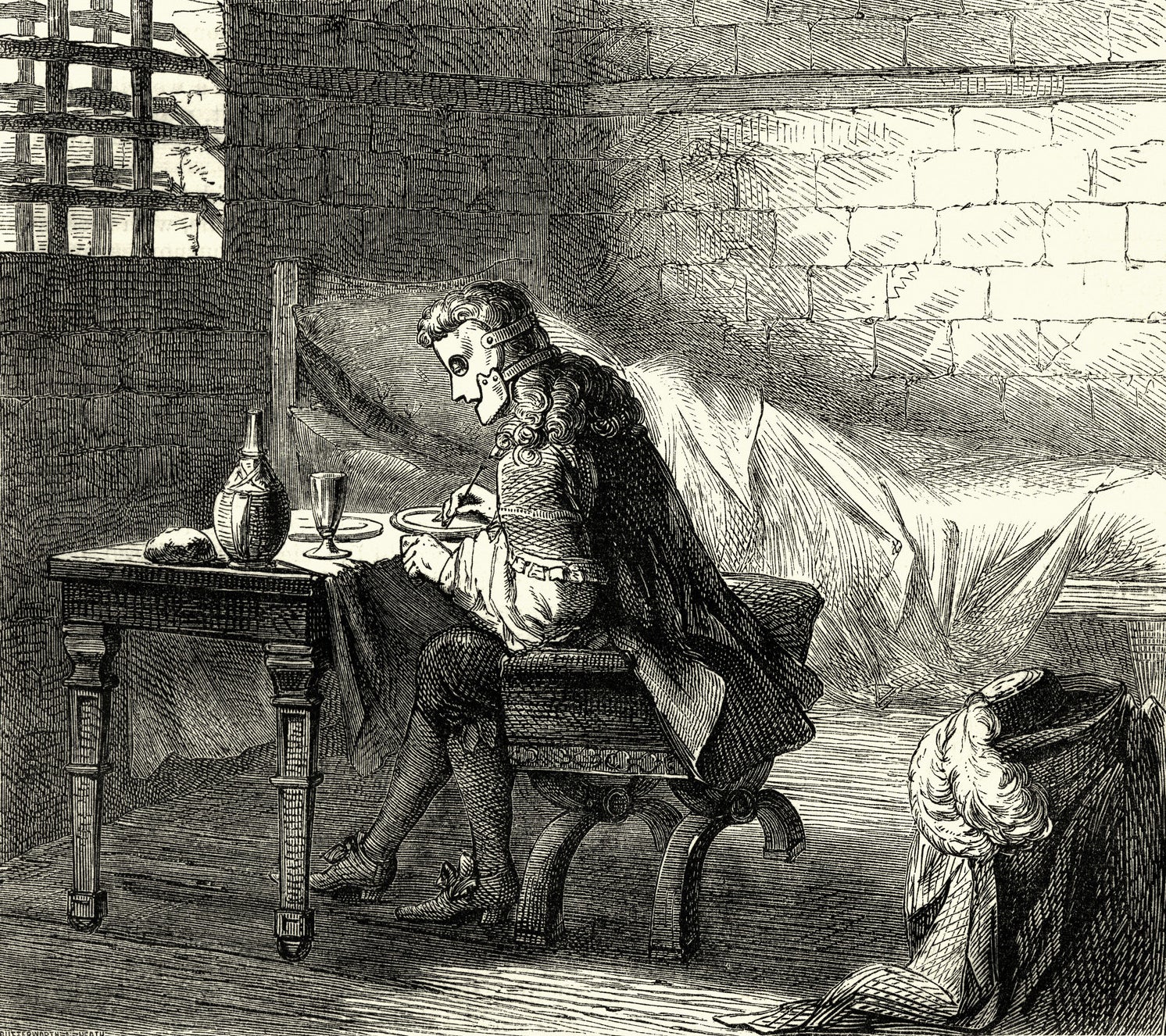Old drawing of a man wearing an iron mask, writing at a desk in a prison cell