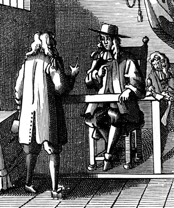 Old illusrtation of Sir Edmund taking a deposition