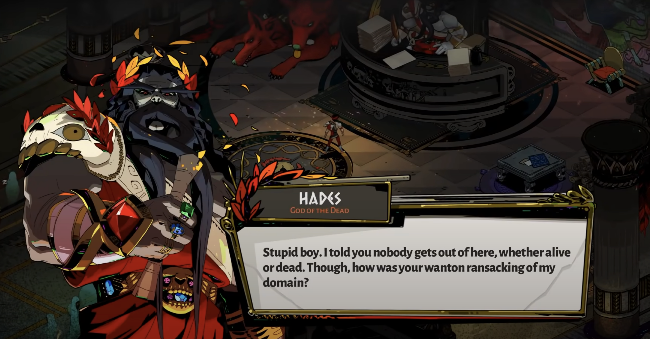 Hades next to a text box where he&#x27;s chastising Zagreus for attempting to escape his domain