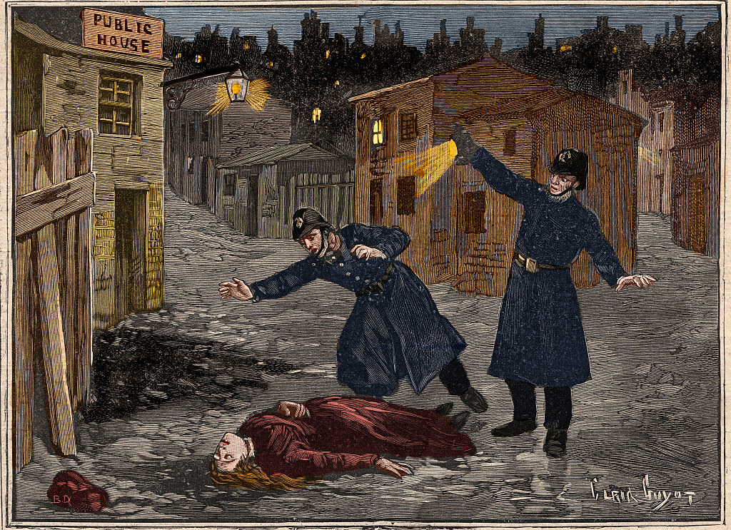 An old illustration of police discovering a murdered woman in a poor part of London