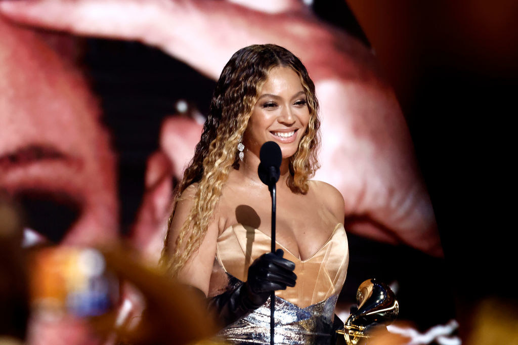 closeup of beyonce accepting her award on stage