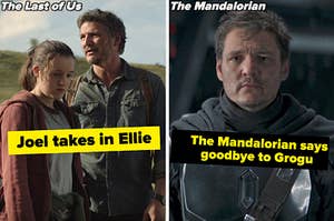On the left, Joel from The Last of Us with Ellie labeled Joel takes in Ellie, and on the right, the Mandalorian with tears in his eyes labeled the Mandalorian says goodbye to Grogu