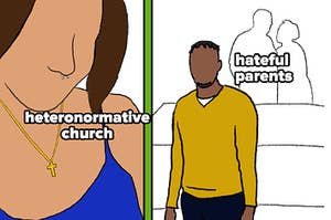 (left) close up of person wearing cross necklalce (right) person standing in front of parents