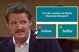 Pedro Pascal looking nervously off to the side in an SNL sketch next to a screenshot of the question S is the symbol of which chemical element