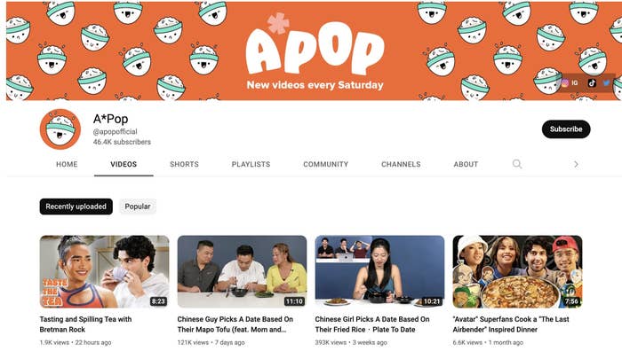 screenshot of the A*Pop YouTube channel page