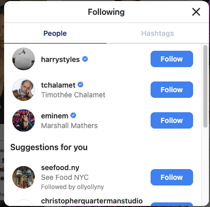 Page showing her following Eminem, Harry Styles, and TImothée Chalamet