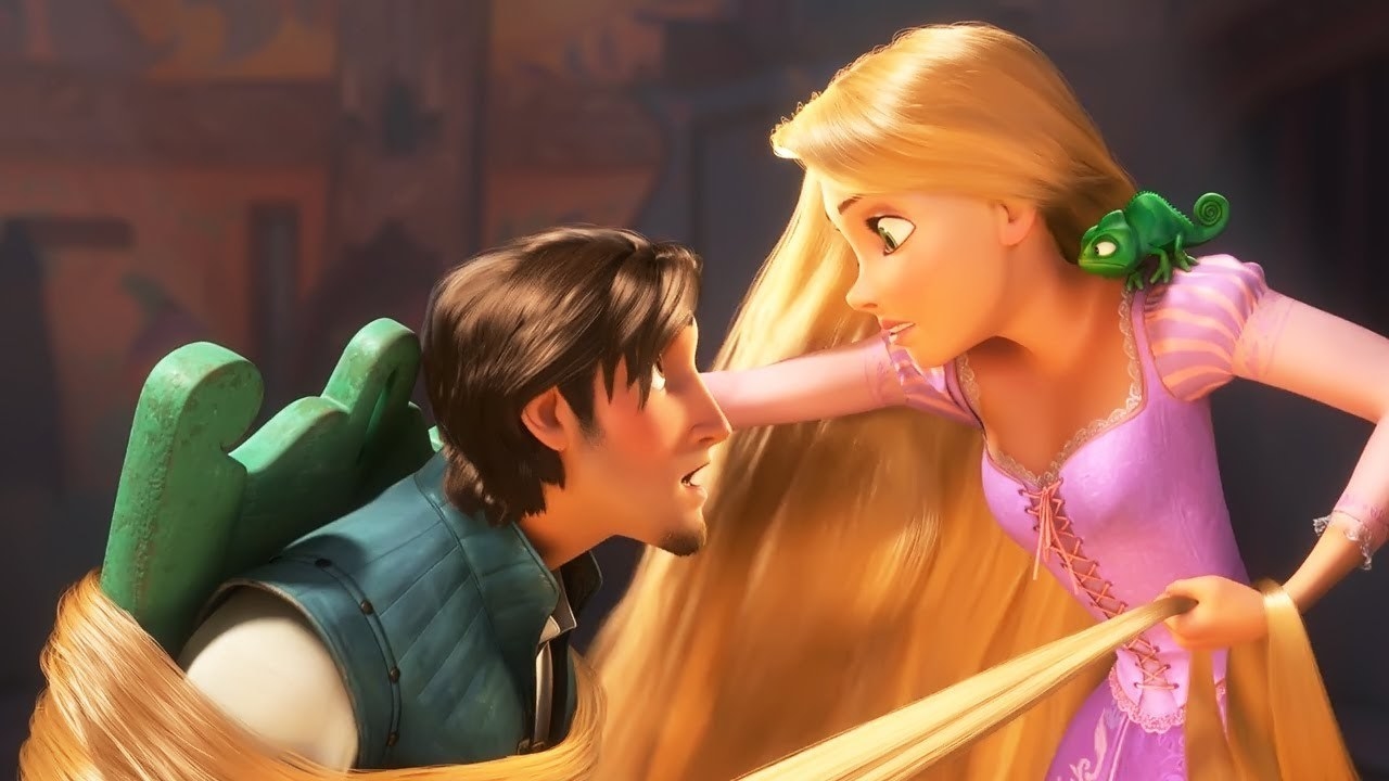 Flynn Rider and Rapunzel look into one another&#x27;s eyes