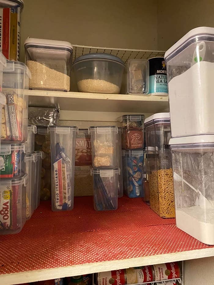 Reviewer&#x27;s pantry shelves with the various containers filled with dry goods, baking ingredients like flour, crackers, rice, and more