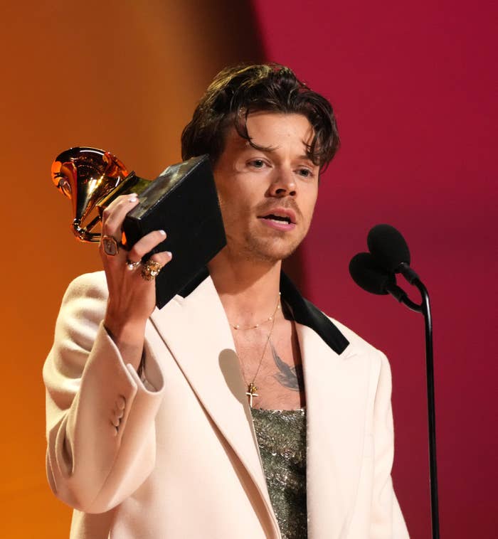 Harry Styles accepting his Grammy