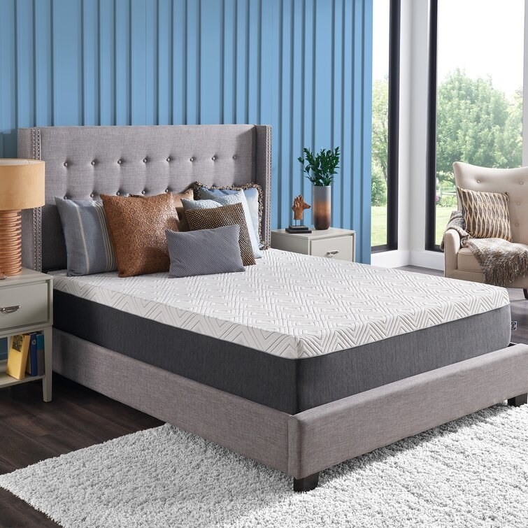 Image of gray bed frame with white mattress