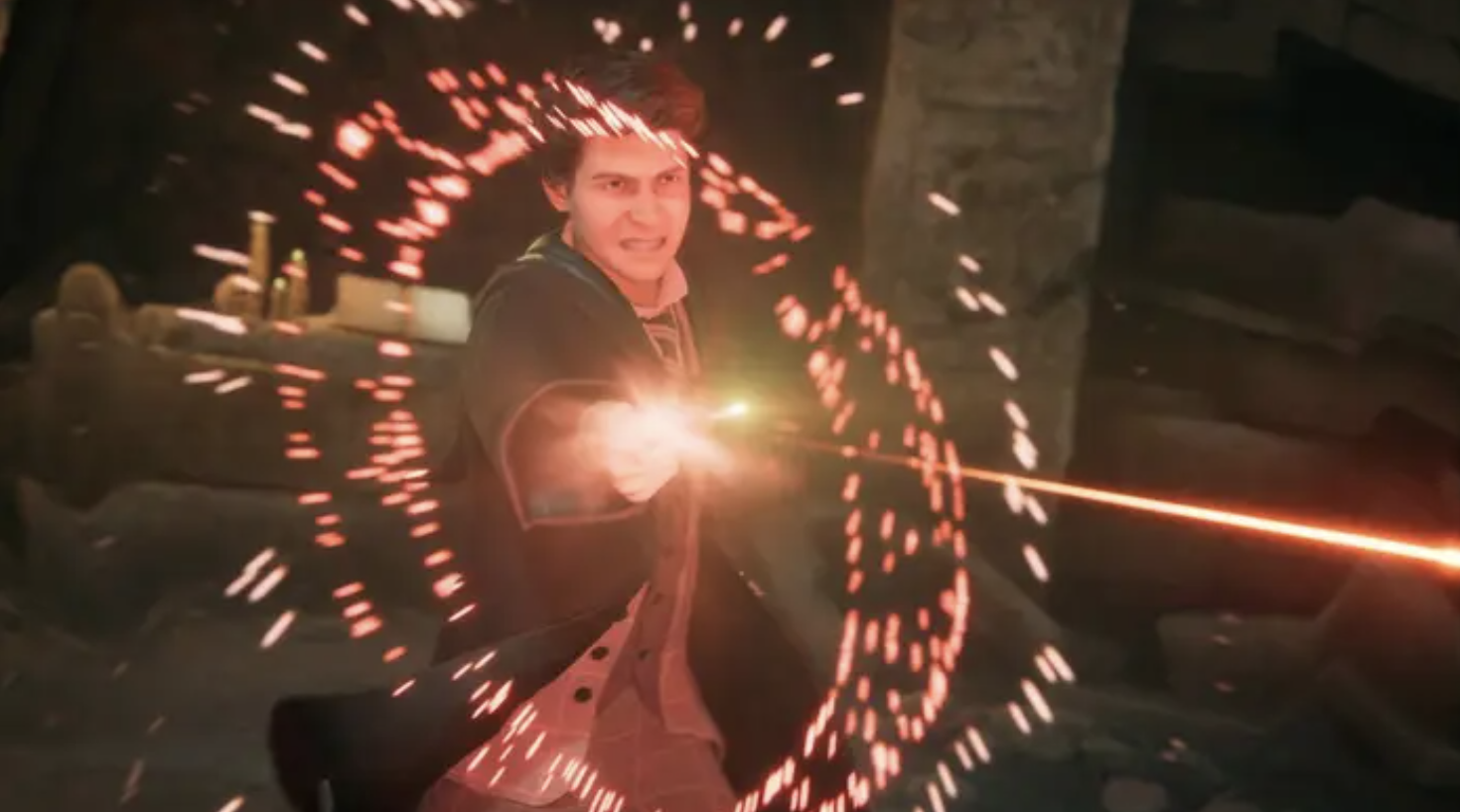 an animated dude waves a wand surrounded by a blast of light in the new harry potter video game