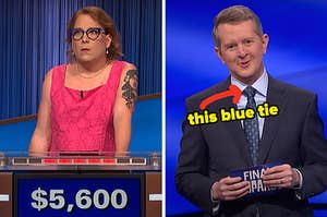On the left, Amy Schneider from Jeopardy deep in thought, and on the right, Ken Jennings with an arrow pointing to his tie and this blue tie typed under it