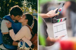 On the left, Peter and Lara Jean from To All the Boys kissing, and on the right, someone holding a clapperboard