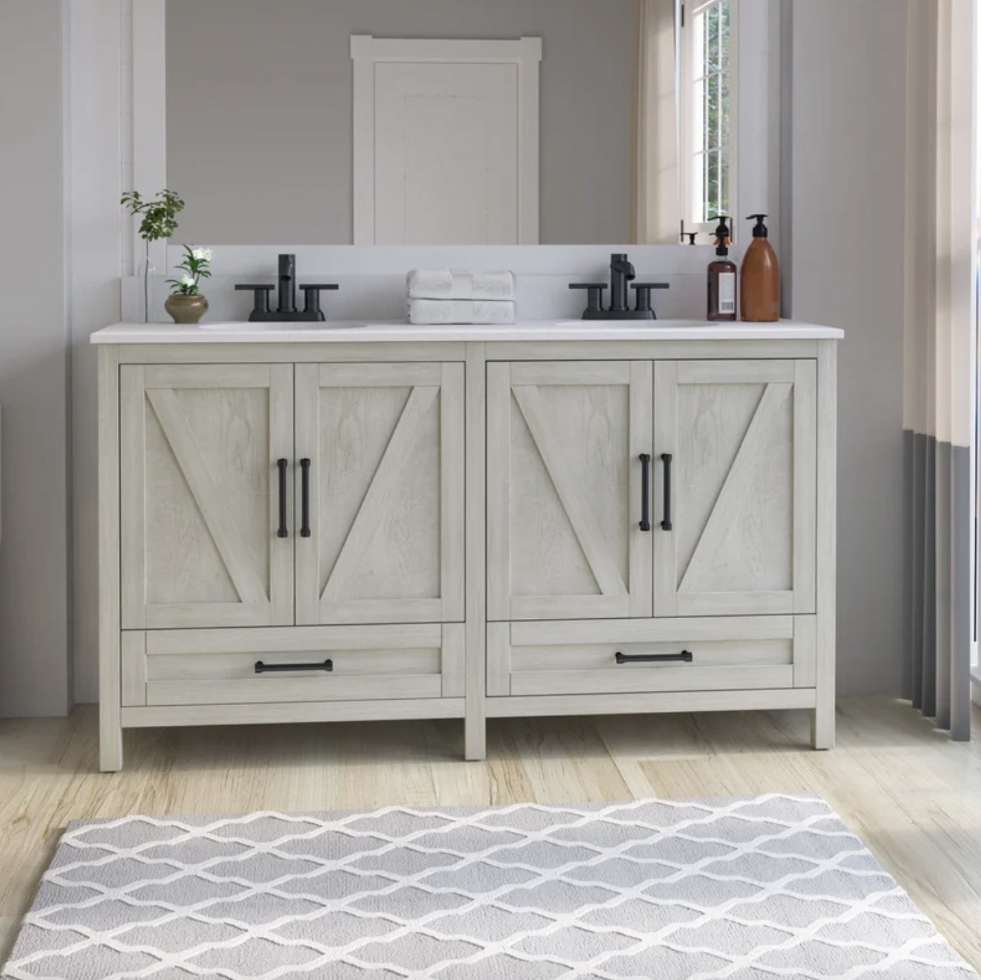 A light grey bathroom vanity