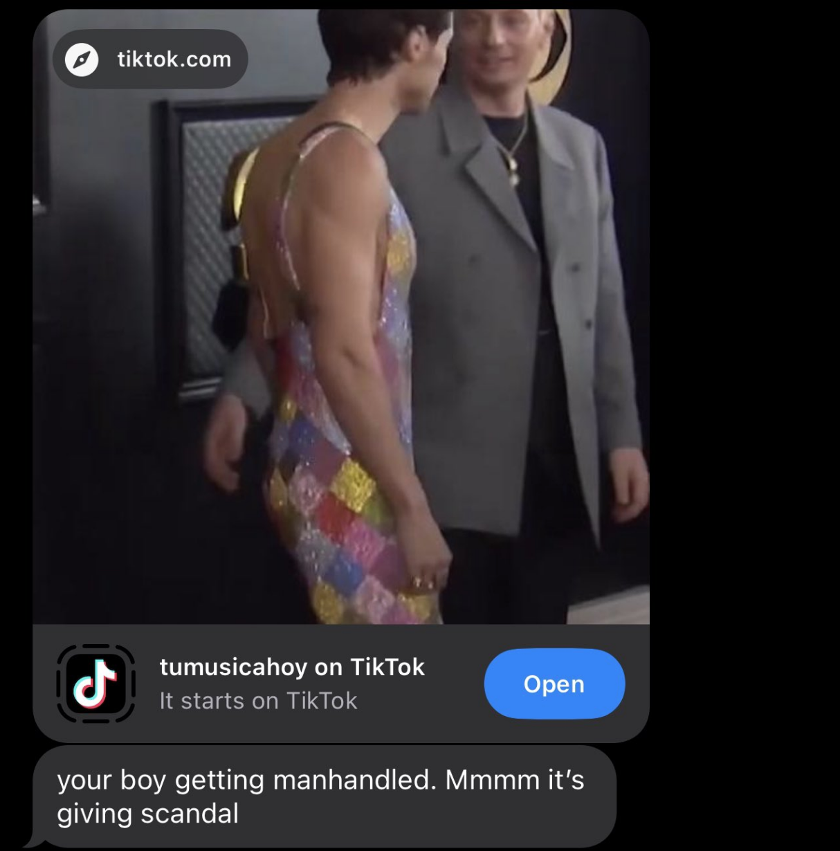A dad sends a TikTok screenshot of someone with their hand over Harry Styles&#x27; butt on a red carpet, and the dad says &quot;your boy getting manhandled, it&#x27;s giving scandal&quot;