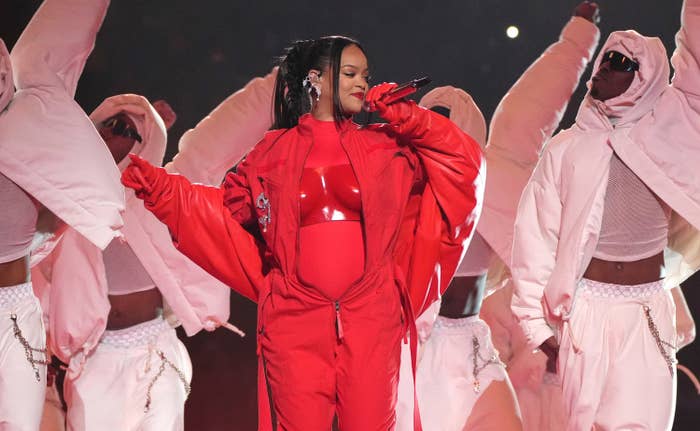 A closeup of Rihanna performing