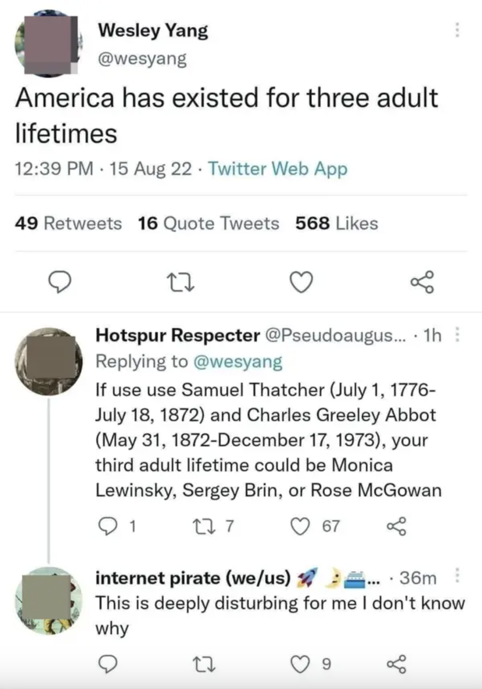 Social media post using the lifetimes of people who lived about 100 years each to illustrate the point that the US is only three adult lifetimes old