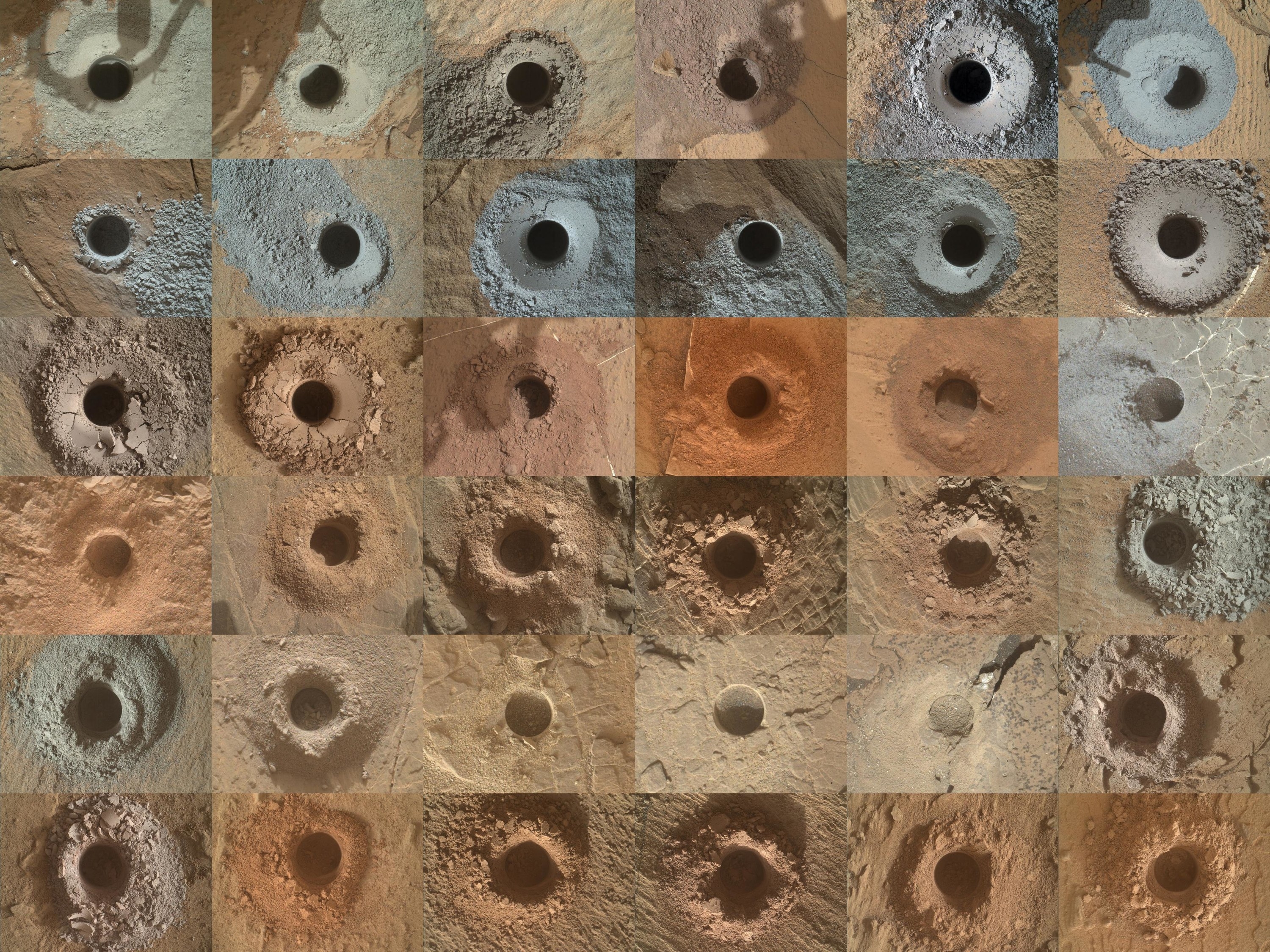 Six rows of holes in a claylike surface of various colors