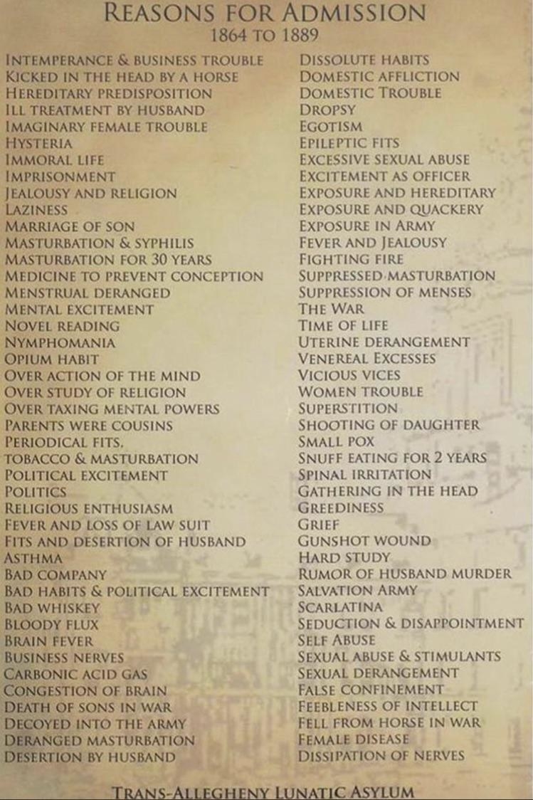 A long list of &quot;Reasons for Admission 1864 to 1889,&quot; including female disease, feebleness of intellect, sexual derangement, self-abuse, desertion by husband, asthma, and fell from horse in war