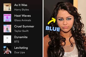 On the left, a Spotify playlist, and on the right, that infamous Miley Cyrus wide blue eyes picture with an arrow pointing to one of her eyes and blue typed next to it