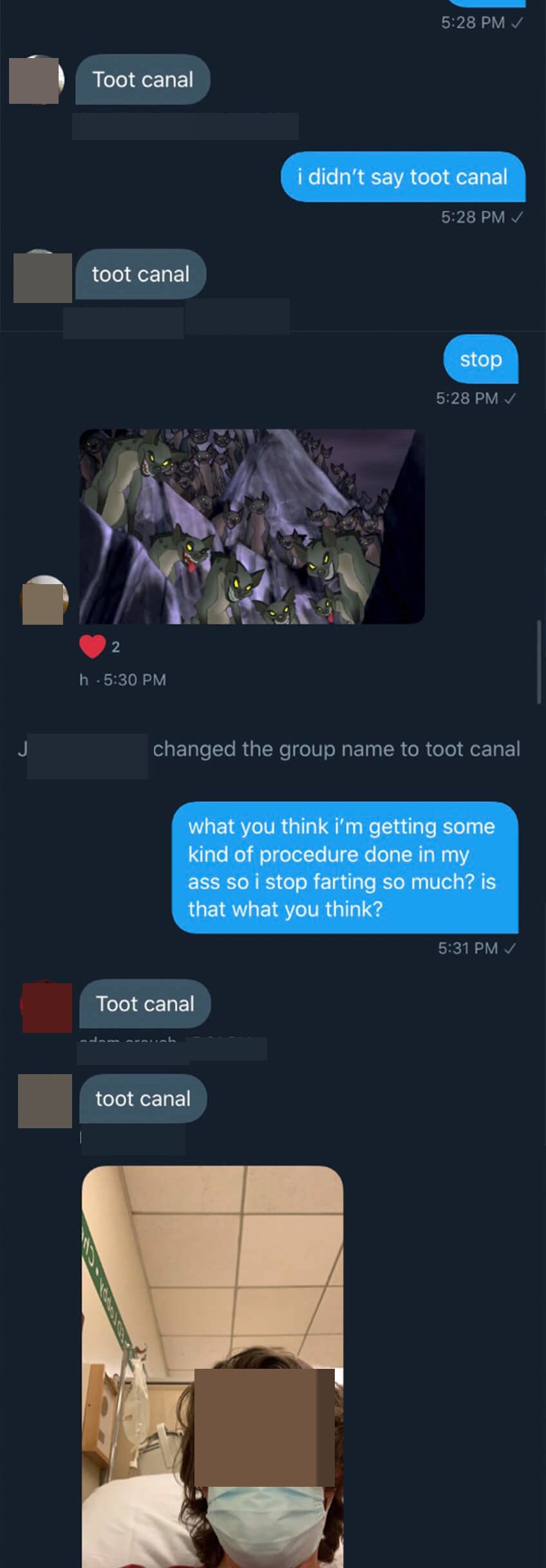 The first person in the group chat tries to tell everyone they&#x27;re getting a root canal, but they type toot canal, and the whole family tells jokes about how much their butt will hurt after their toot canal