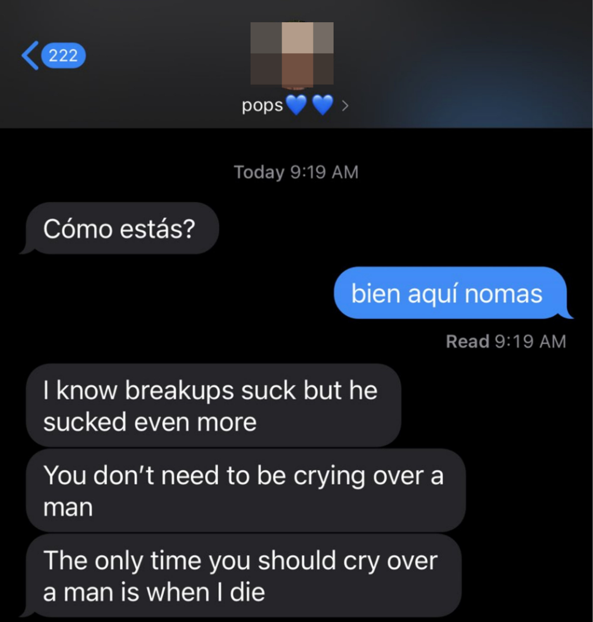 dad checking in on daughter after her breakup and says, the only time you need to cry over a man is when i die