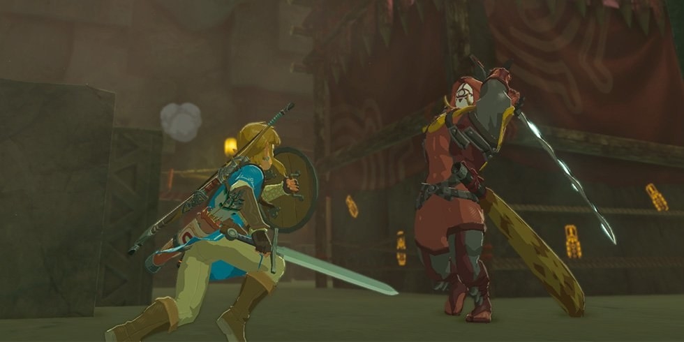 Link holding his sword and shield and fighting an enemy in Breath of the Wild