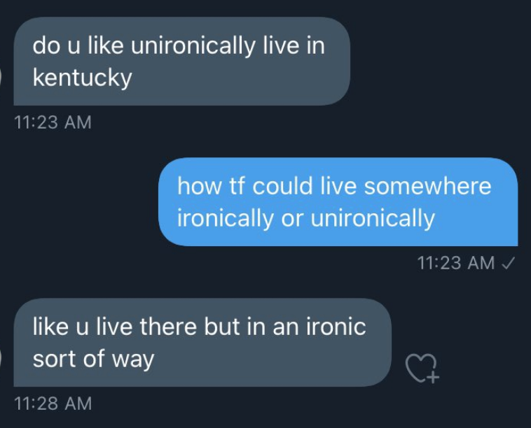 The first person asks &quot;do you unironically live in Kentucky,&quot; the second person says &quot;how could you live somewhere ironically,&quot; and the first person says &quot;like you live there, but in an ironic sort of way&quot;