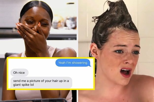 woman laughing and emma stone with her hair up in a shampoo mohawk in easy a with a text from a guy asking his girlfriend to show him her hair up in a spike