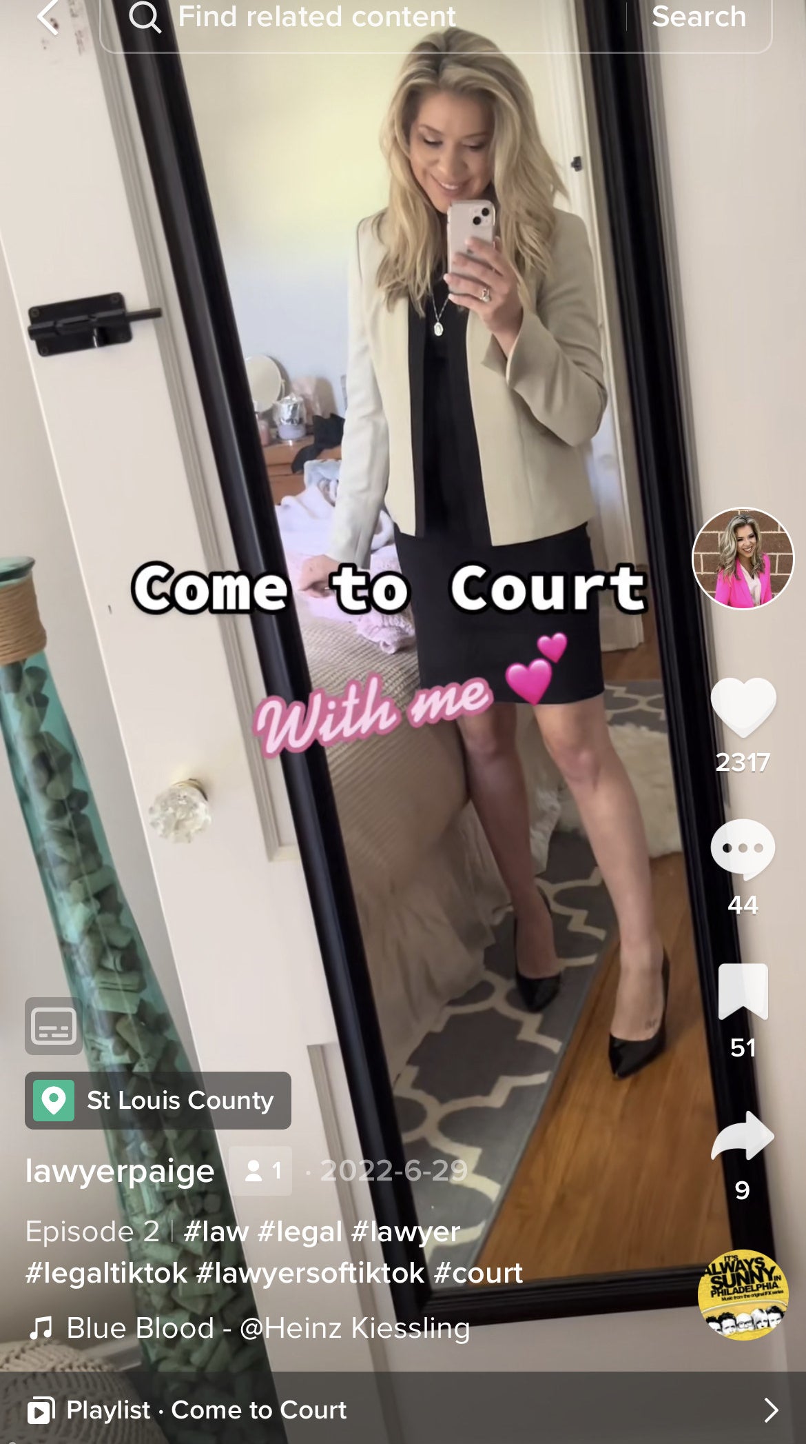 Paige looking in the mirror with text that says come to court with me