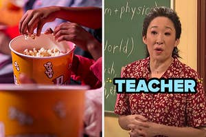 On the left, people reaching into popcorn buckets at the movie theater, and on the right, Sandra Oh standing in front of a chalkboard in an SNL sketch labeled teacher