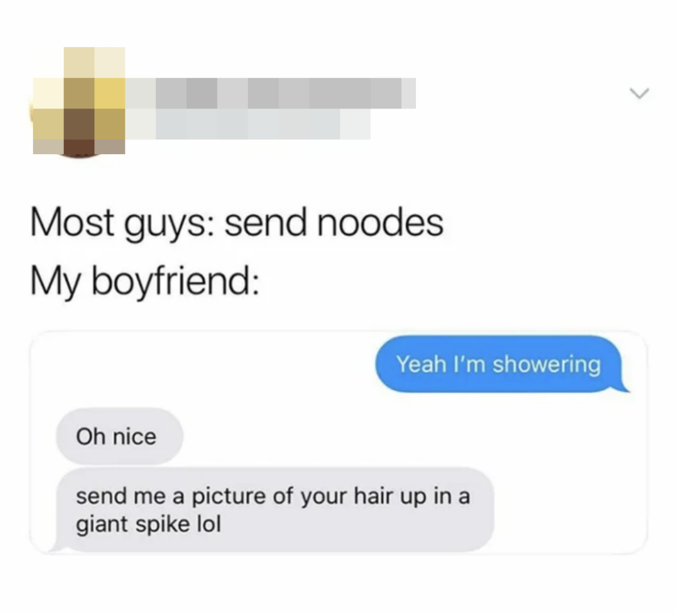 A caption says &quot;most guys ask for nudes, but my boyfriend&quot; and then a screenshot of her telling him she&#x27;s getting in the shower and he asks for a photo of her hair in a giant spike