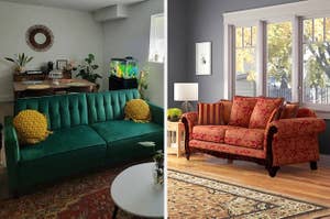 on left, dark green velvet sofa. on right, orange and red paisley-printed sofa with striped orange and red pillow on top