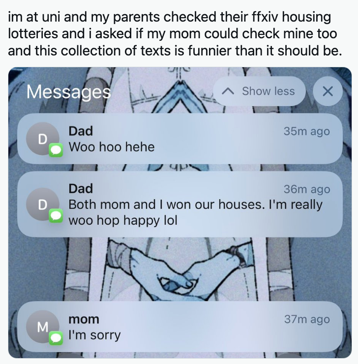 mom and dad winning their house lotteries while the daughter lost and mom texting the daughter sorry while the dad text the daughter that he&#x27;s so happy he won