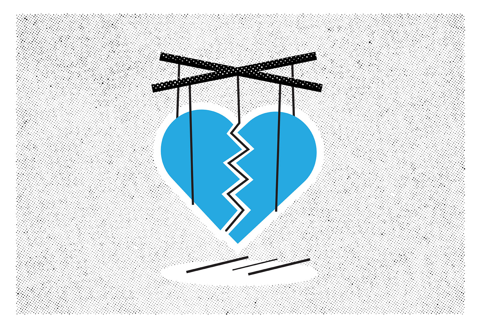 Illustration of a broken heart being puppeteered