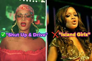 two images: on the left, rihanna wears large metal hoop earrings and a silk scarf on her hair, singing, mouth open showing two top teeth. on the right she has long, curly hair and sings.