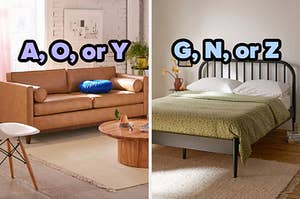 On the left, a living room with an exposed brick wall and a simple leather couch labeled A, O, or Y, and on the right, a simple bedroom with a bed with a metal frame and a bedside table with flowers on it labeled G, N, or Z