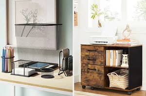 on left, black wire mesh desk set with file folder bin and pen/pencil holder. on right, wood storage cabinet with drawers, shelves, and a white printer on top