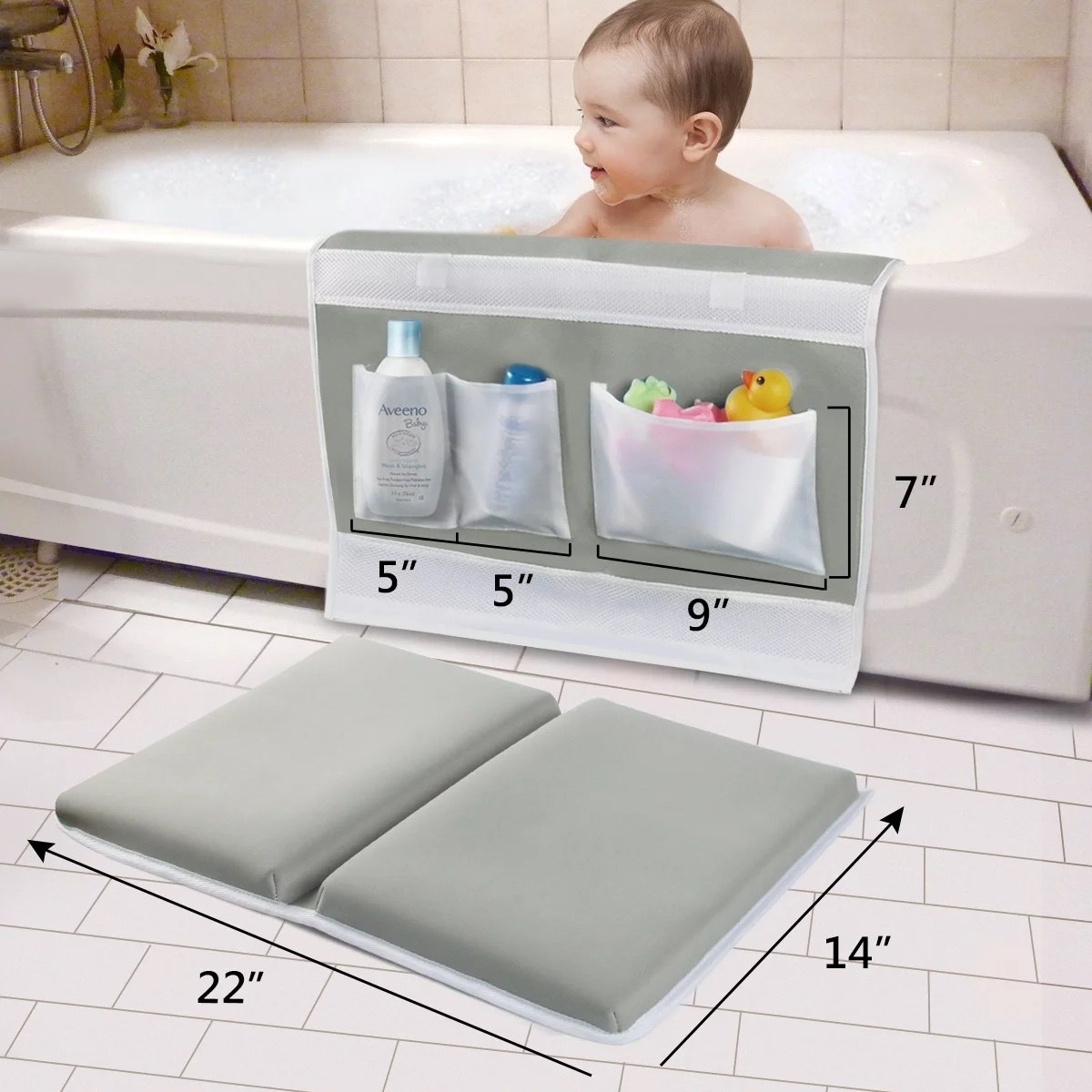 a baby sits in the bath tub, the kneeler is on the bath tub