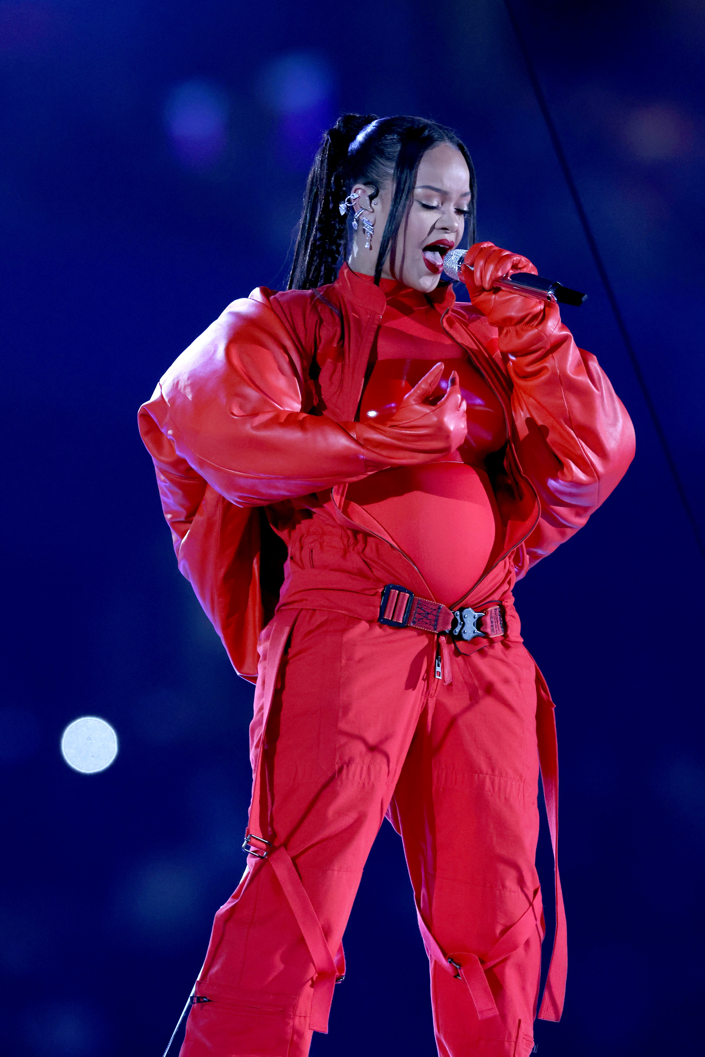 Closeup of Rihanna performing onstage