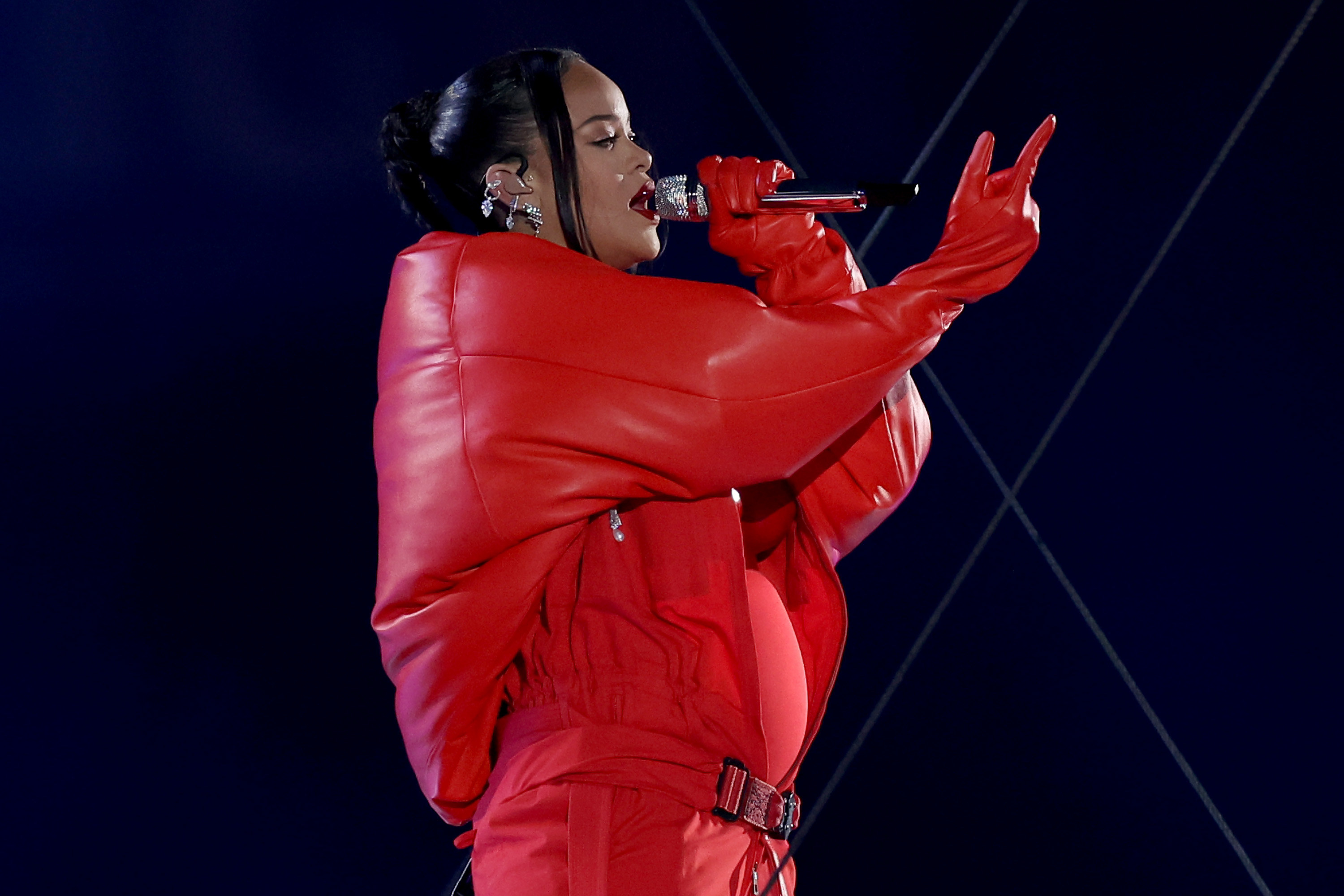 Closeup of Rihanna performing at the Super Bowl