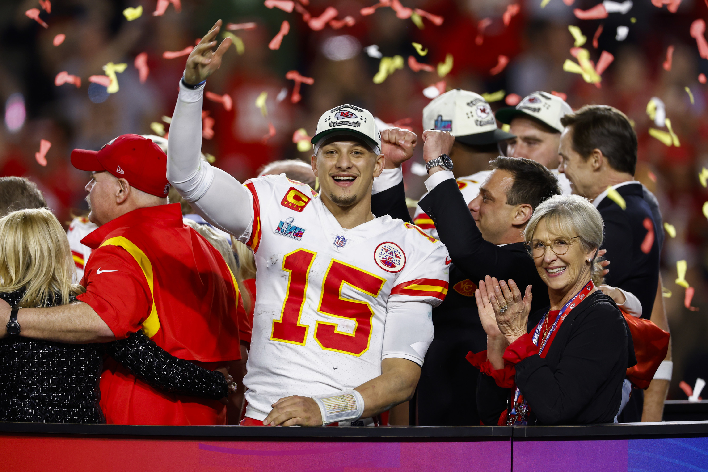 Patrick Mahomes of the Chiefs celebrating with others