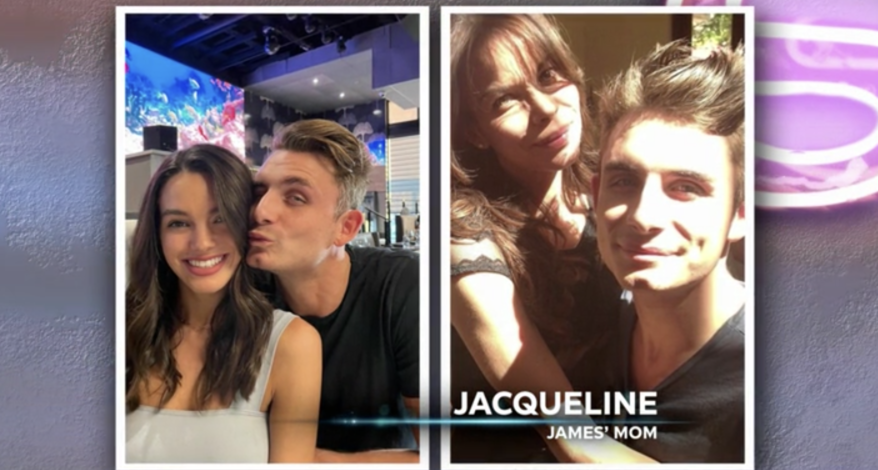A side by side of James and Ally, smiling and posing, with James and his mom Jacqueline. They only look alike in that they&#x27;re brunettes and skinny