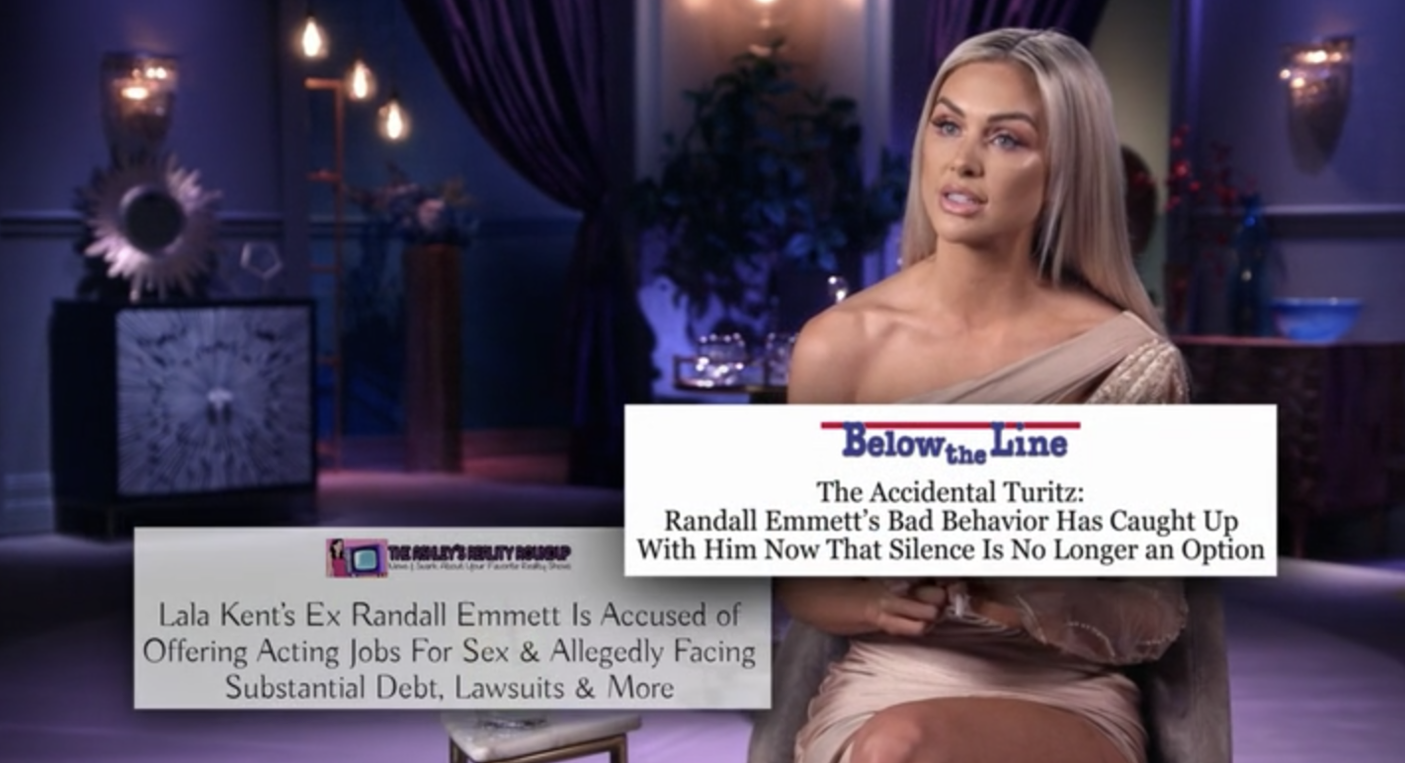 A shot of Lala giving a VPR talking-head interview, with headlines on screen about her ex Randall Emmett being accused of offering acting jobs for sex and facing debt and lawsuits