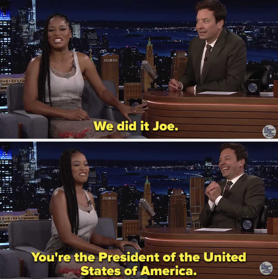 Keke Palmer impersonating VP Kamala Harris on Jimmy Fallon show, Jimmy LAUGHING