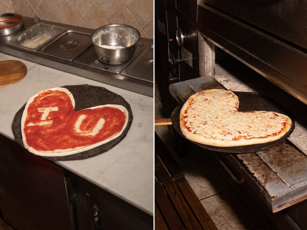 left: a raw heart shaped pizza with tomato sauce that reads &quot;i u.&quot; right: a heart shaped cheese pizza