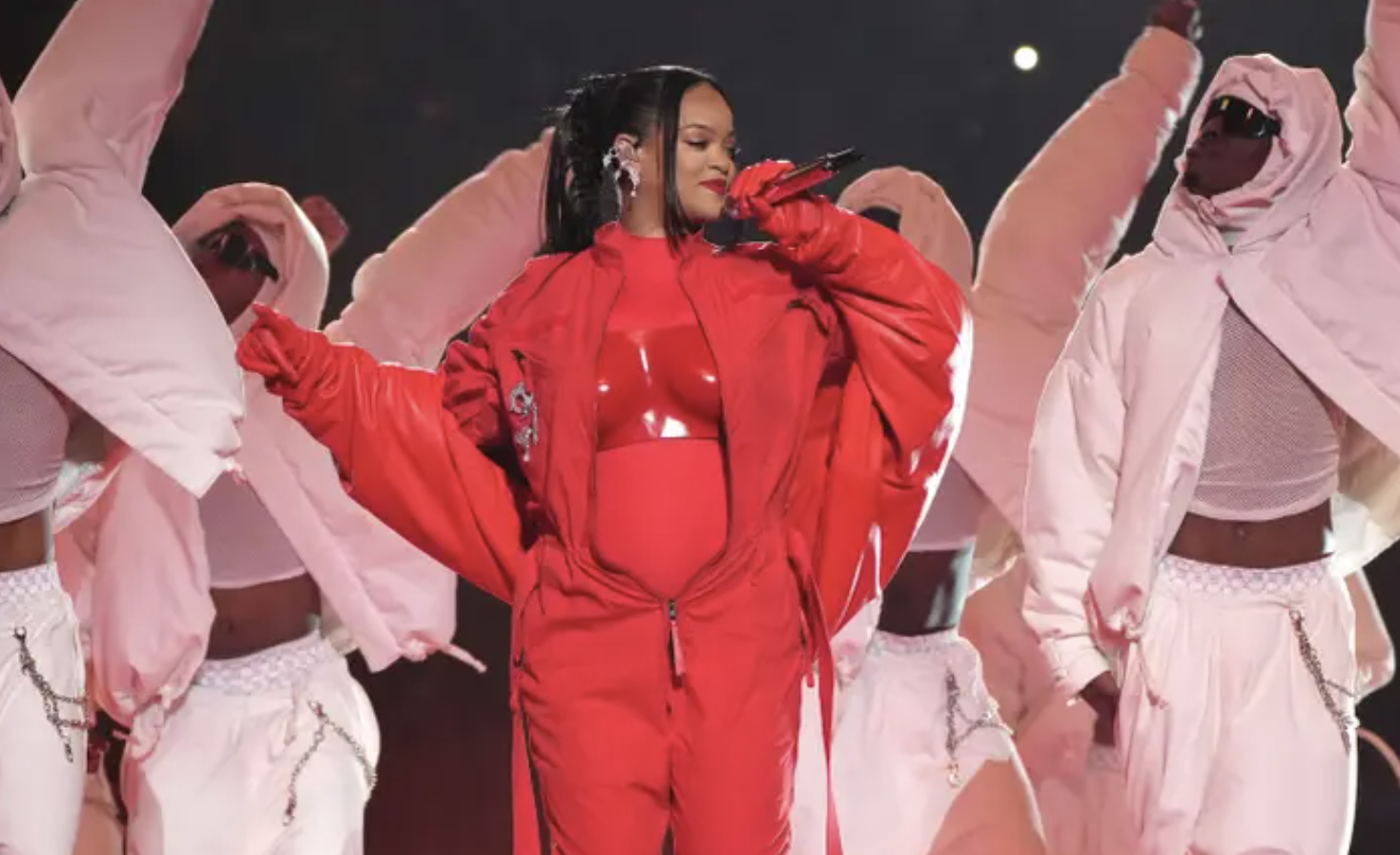 Rihanna at the super bowl halftime show in red