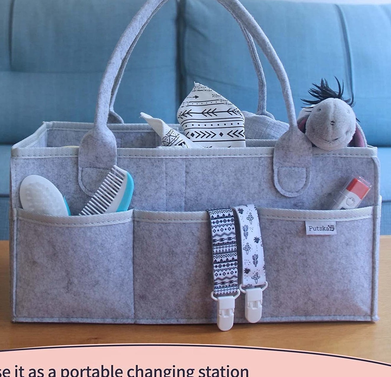 The tote stuffed with toys and baby essentials